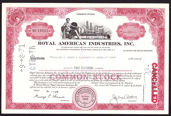 Royal American Industries, Inc. Stock Certificate - 1970