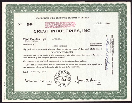 Crest Industries Inc. Stock Certificate - Minnesota