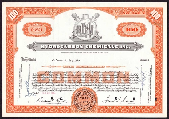 Hydrocarbon Chemicals Stock Certificate - 1957