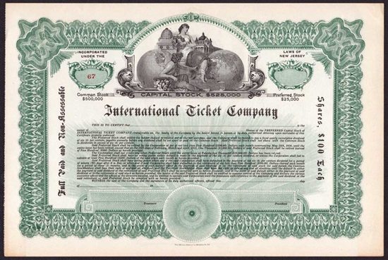 International Ticket Company  Stock Certificate