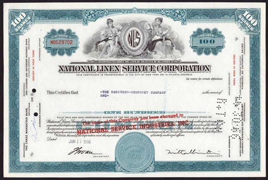 National Linen Service Corp  Stock Certificate - 1966