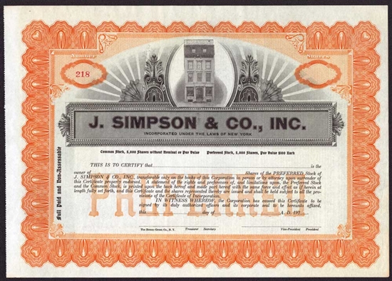 J. Simpson & Co., Inc. Stock Certificate