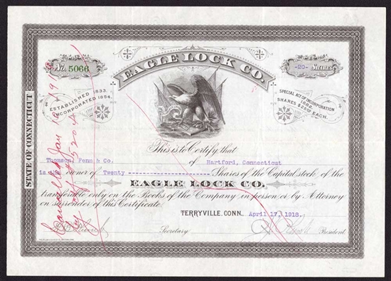 Eagle Lock Company Stock Certificate - 1918