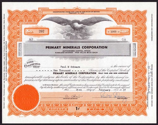 Primary Minerals Corp - Issued to and Signed by President