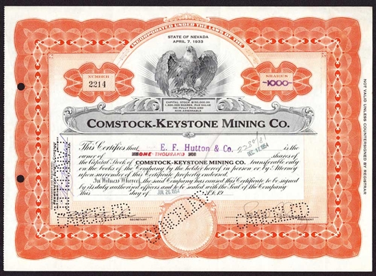 Comstock-Keystone Mining Company - Signed by President - Scandalous - V.P. SF Mining Exchange