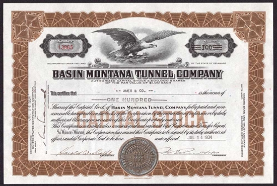 Basin Montana Tunnel Company Stock - 1930s
