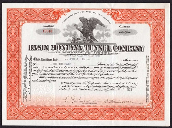 Basin Montana Tunnel Company Stock - 1930s