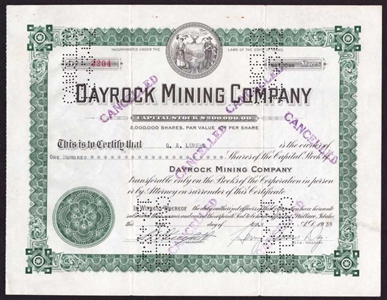 Dayrock Mining Company Stock - Signed by Henry Day - 1930s