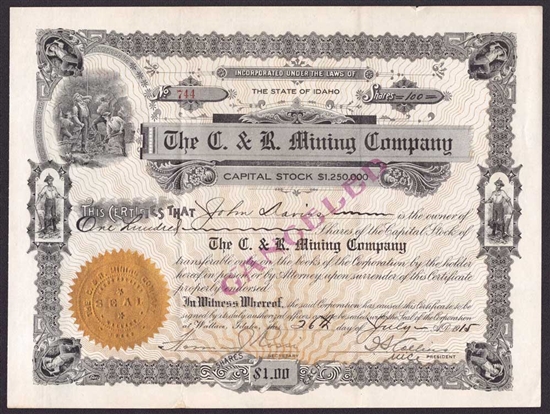 The C. & R. Mining Company Stock Certificate - 1915 - Idaho