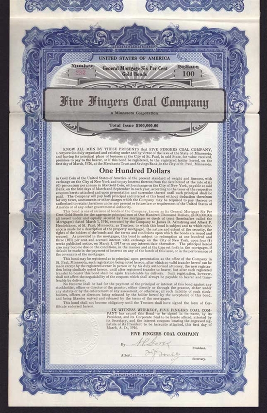The Five Fingers Coal Company Gold Bond - 1916