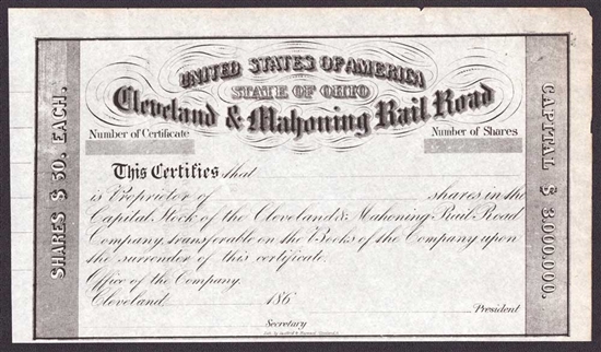 Cleveland & Mahoning Rail Road Stock Certificate  - 1870s