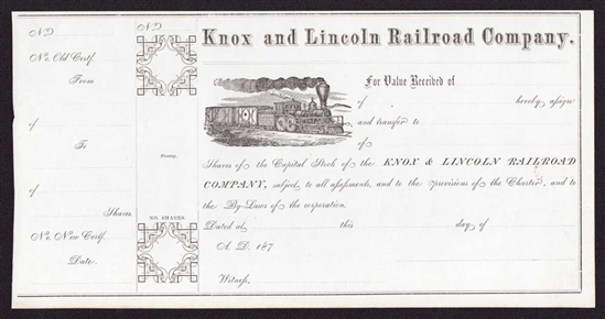 Knox and Lincoln Railroad Company  Stock Certificate - 1870s