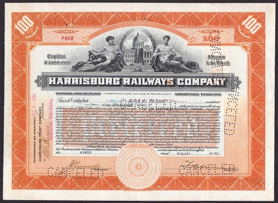 Harrisburg Railways Company Stock Certificate - 1920