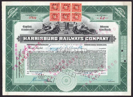Harrisburg Railways Company Stock Certificate - 1915