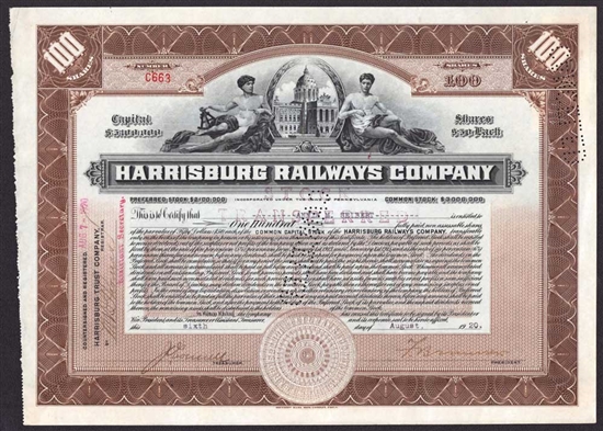 Harrisburg Railways Company Stock Certificate - 1920