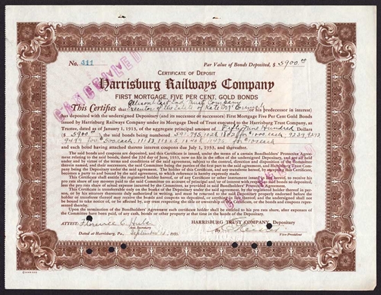 Harrisburg Railways Company Gold Bond - 1933