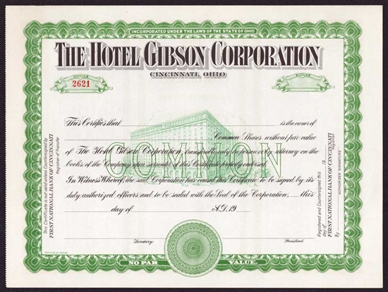 The Hotel Gibson Corporation Stock Certificate