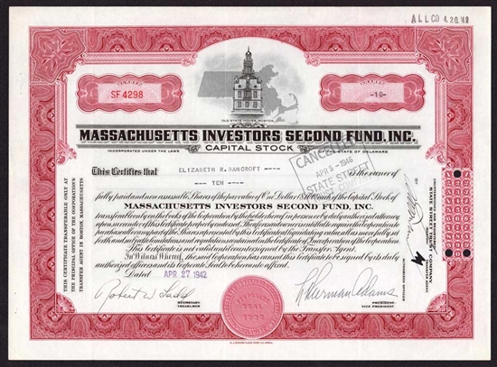 Massachusetts Investors Second Fund - Signed by MFS Founder L. Sherman Adams