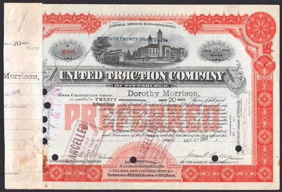 United Traction Company Stock Certificate - 1910