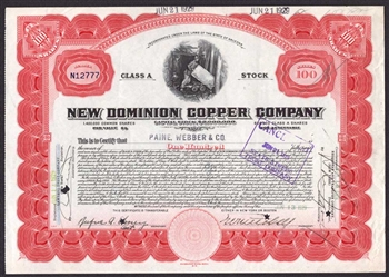 New Dominion Copper Company issued to Paine Webber - 1929