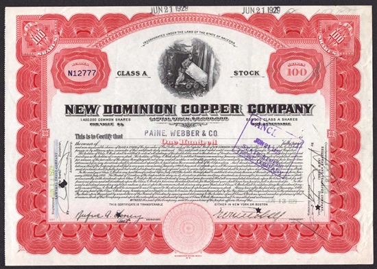 New Dominion Copper Company issued to Paine Webber - 1929