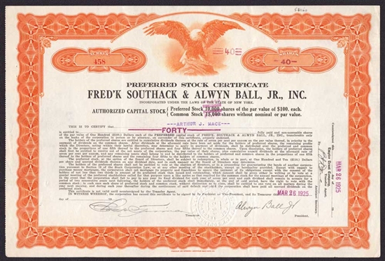 Fred'K Southack & Alwyn Ball, Jr. Inc - Signed by Alwyn Ball Jr. - 1925