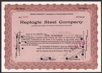Replogle Steel Company Stock Certificate - 1919