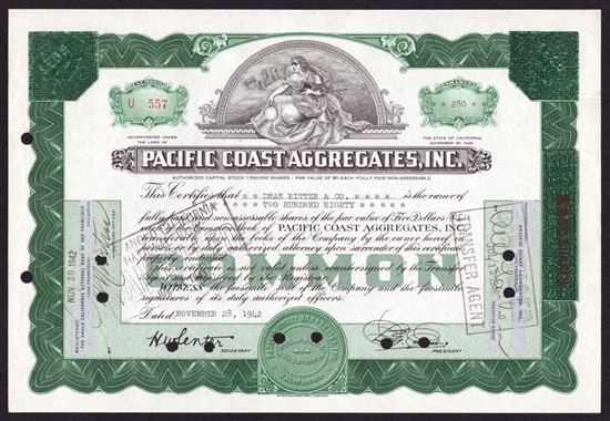 Pacific Coast Aggregates, Inc. Stock Certificate - 1942
