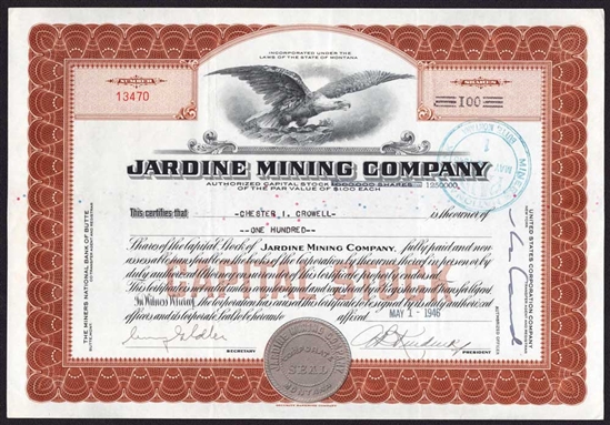 Jardine Mining Company Stock Certificate - 1946