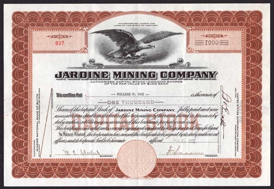Jardine Mining Company Stock Certificate - 1935