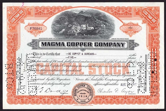 Magma Copper Company Stock Certificate -1940s