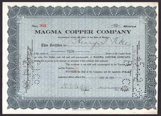 Magma Copper Company Stock Certificate - Maine