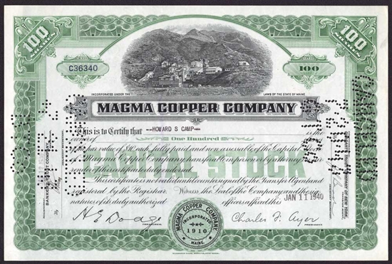 Magma Copper Company Stock Certificate -1940s