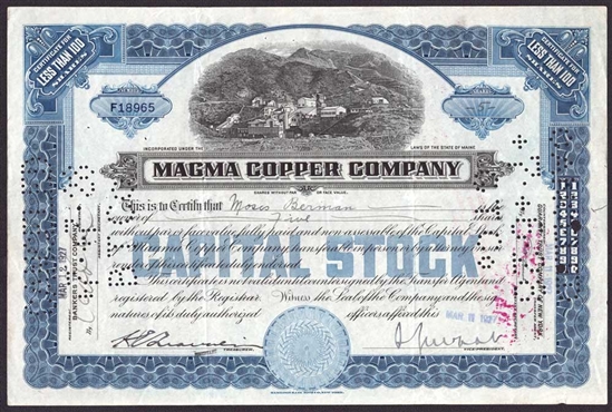 Magma Copper Company Stock Certificate -1927