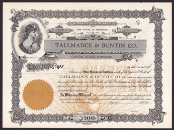 Tallmadge & Buntin Co Stock Certificate - Wyoming