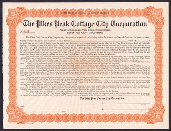 Pikes Peak Cottage City Corp Gold Bond - 1920