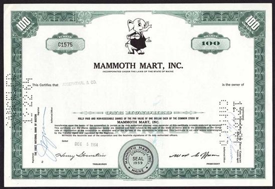 Mammoth Mart, Inc. Stock Certificate - 1964