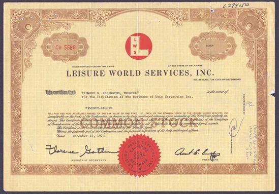 Leisure World Services, Inc. Stock Certificate - 1973