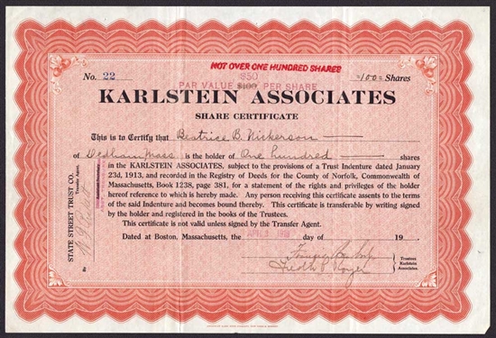 Karlstein Associates Stock Certificate - 1919