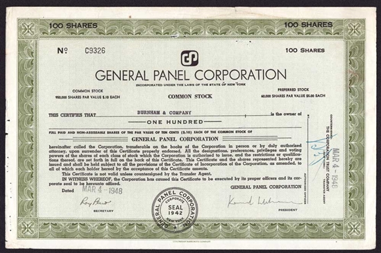 General Panel Corp Stock Certificate - 1948