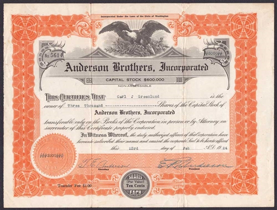 Anderson Brothers, Inc - Signed by Anderson Brothers - 1922