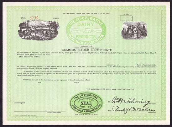 The Co-Operative Pure Milk Association Stock Certificate - Ohio