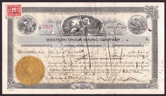 Western Union Mining Company Stock Certificate - 1919 - Idaho