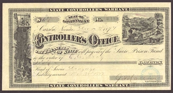1879 Controller's Office State Prison Fund Warrant - Carson, Nevada
