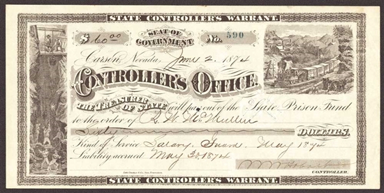 1874 Controller's Office State Prison Fund Warrant - Carson, Nevada