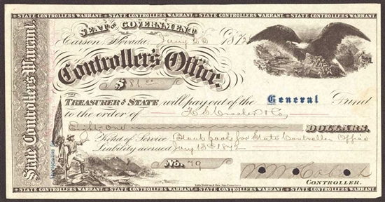 1872 Controller's Office State Prison Fund Warrant - Carson, Nevada
