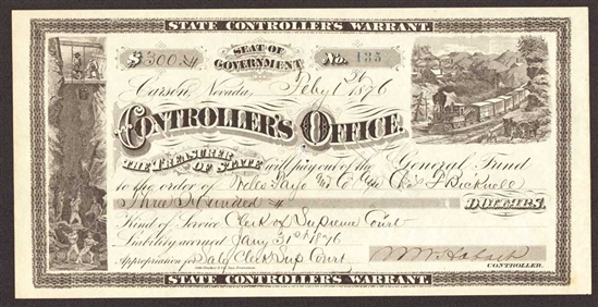 1874 Controller's Office Warrant - Carson, Nevada - Clerk of Supreme Court