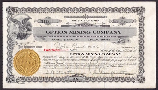 Option Mining Company Stock Certificate  - 1925 - Idaho