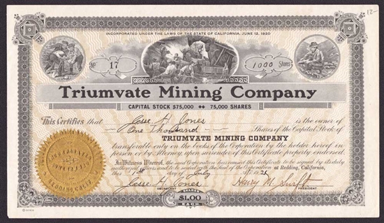 Triumvate Mining Company Stock Certificate Issued to & Signed by Secretary