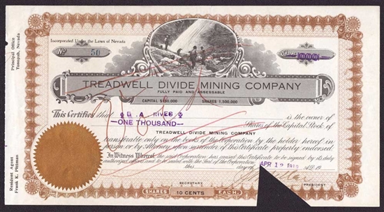 Treadwell Divide Mining Company - Certificate #9 - 1919